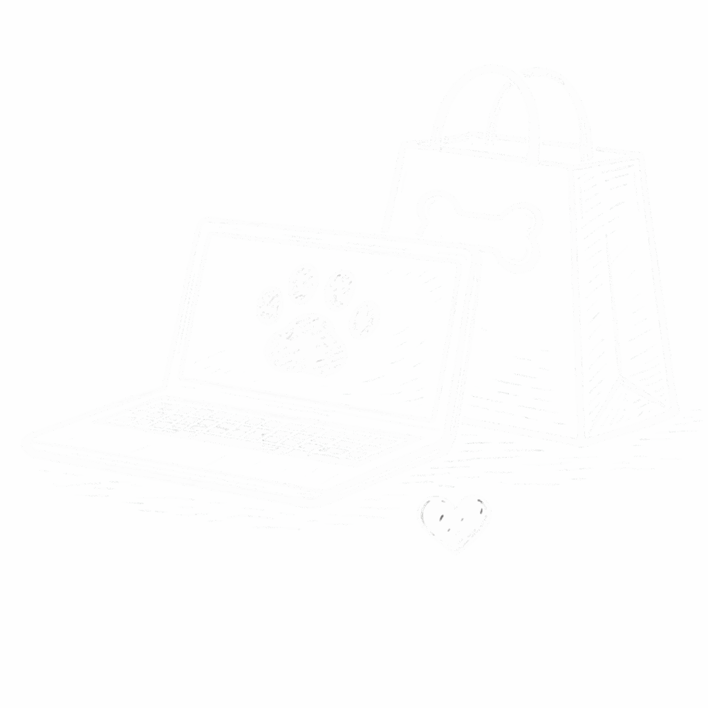 Laptop und Einkaufstasche mit Pfoten